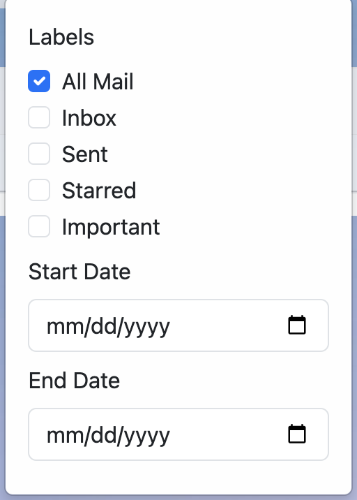 Search filters panel with labels and dates